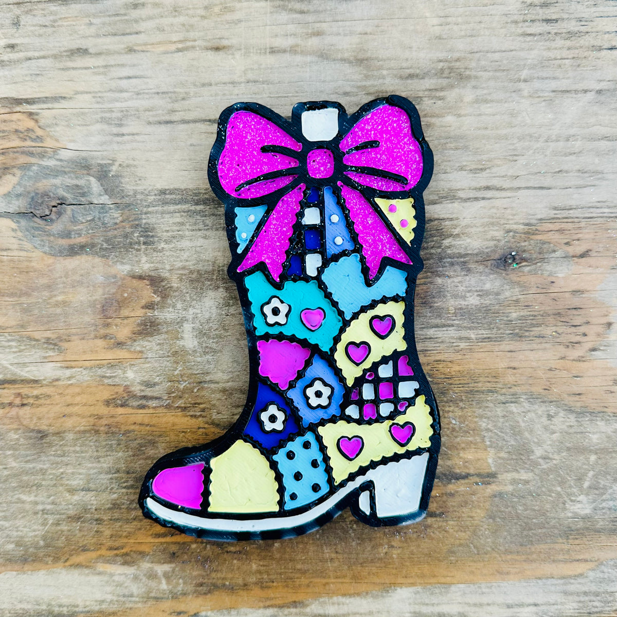 **Custom** Patchwork Boot with Bow Car Freshie